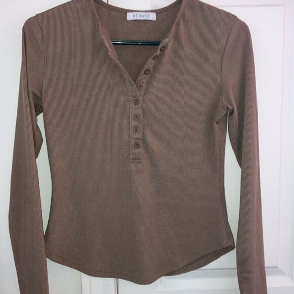 De Base Brown Taupe Long Sleeve Henley Top - Picture 1 of 7